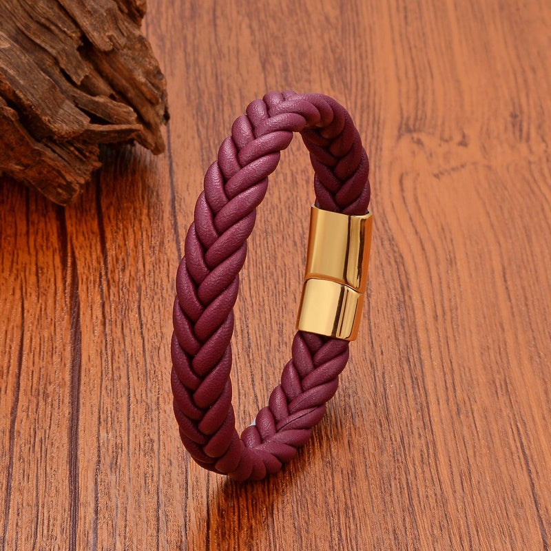 Black Braided Leather Bracelet with Green Jade Beads - Stylish Multi-Layer Magnetic Clasp Jewelry for Casual Wear and Gifts Purple Rope-Gold