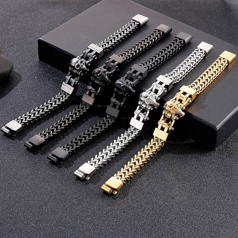 12mm Mens Biker Skull Bracelet With Mesh Chain Stainless Steel Trendy Punk Jewelry