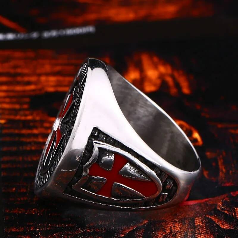 Temple Knight Ring – 316L Stainless Steel Red Cross Templar Style Band