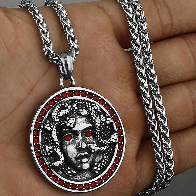 Medusa Pendant with Red Rhinestones – Greek Mythology Medallion Necklace 60CM CHAIN