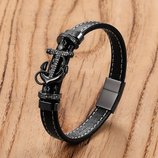 Fashion Punk Stainless Steel Anchor Bracelets Genuine Leather Bangles for Men Bracelet Rock Hip Hop Jewelry Black-A