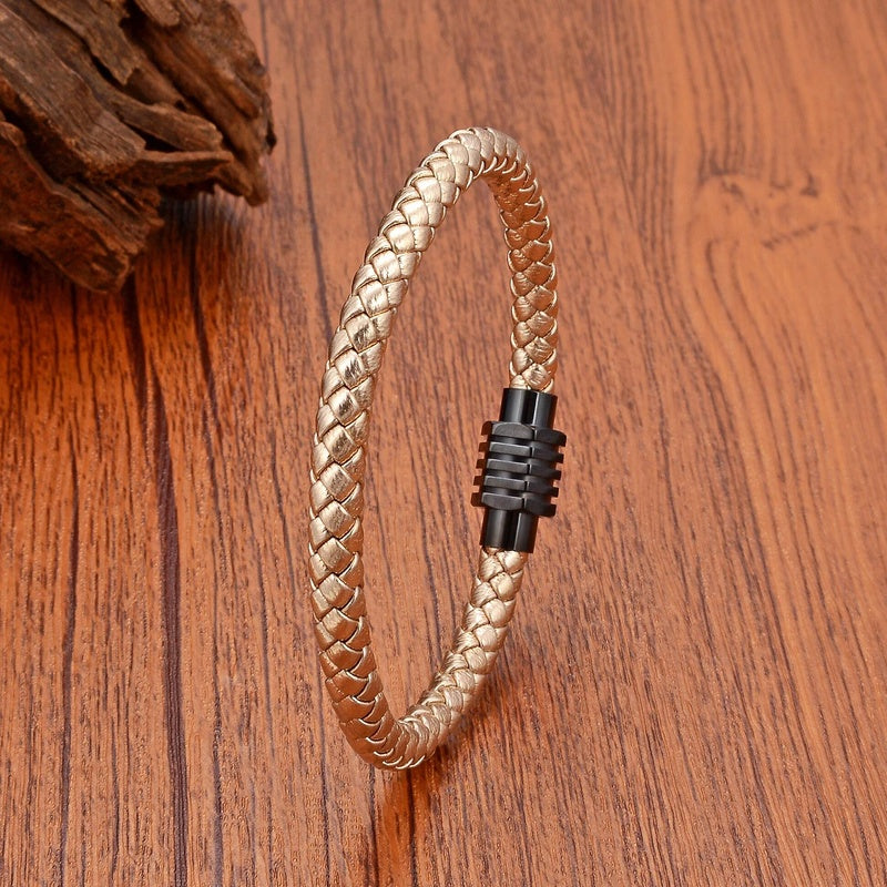 Simple Champagne Color Weave Leather Men Industrial Wind Stainless Steel Buckle Bracelet for Women High Quality Jewelry Champagne Rope-Black
