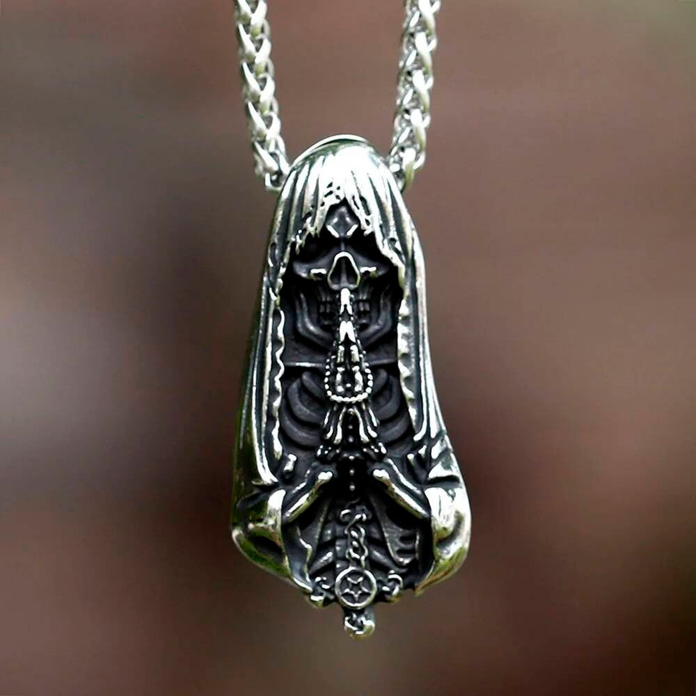 316L Stainless Steel Hooded Skull Prayer Pendant Necklace Men