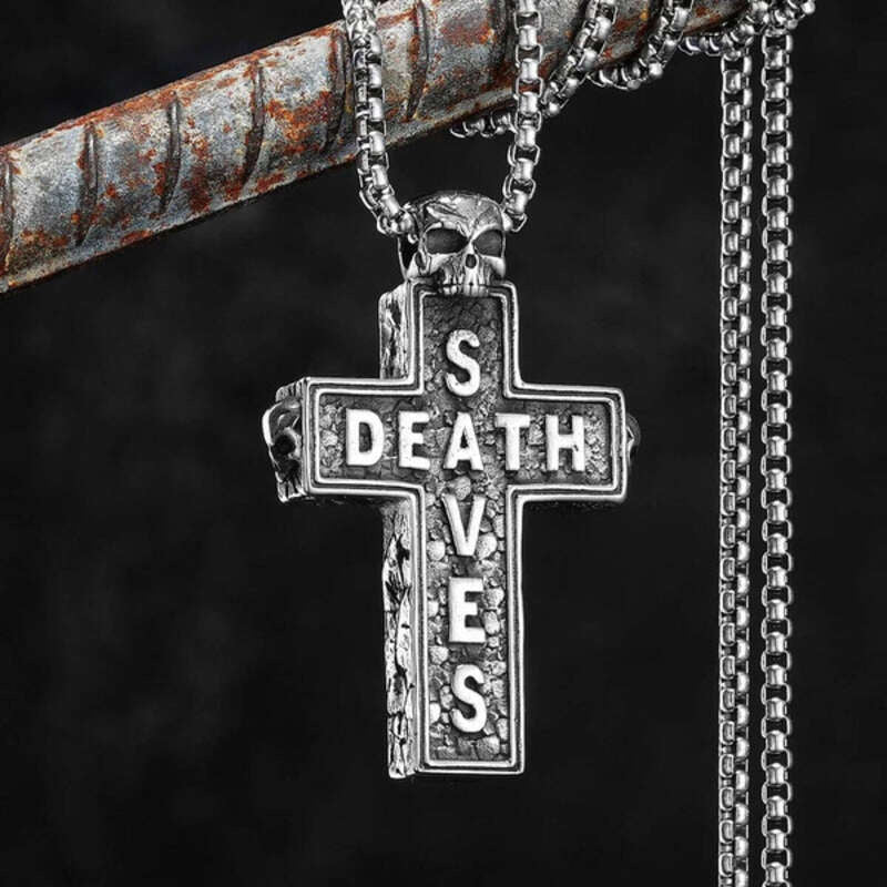 316L Stainless Steel “Death Saves” Skull Cross Pendant Necklace