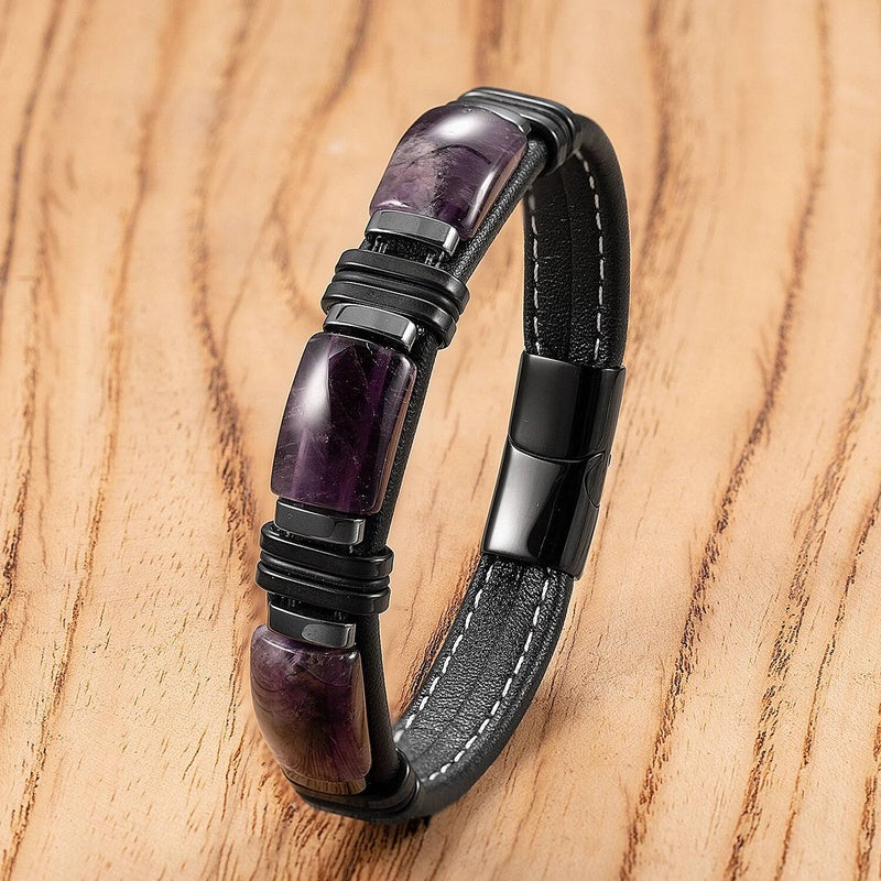 Black Braided Leather Bracelet with Green Jade Beads - Stylish Multi-Layer Magnetic Clasp Jewelry for Casual Wear and Gifts Style-J