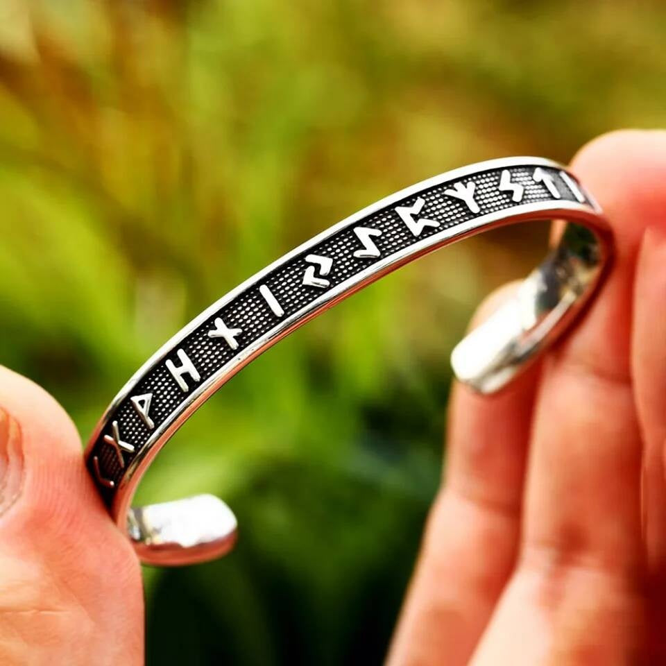Viking Rune Bracelet with Braided Edge – Nordic Stainless Steel Cuff Style B
