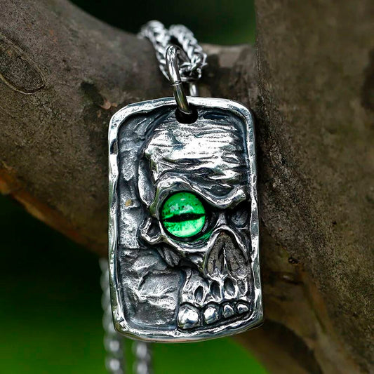 Skull Pendant with Green Eye – Stainless Steel Dark and Mysterious Design