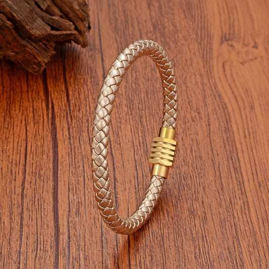 Simple Champagne Color Weave Leather Men Industrial Wind Stainless Steel Buckle Bracelet for Women High Quality Jewelry Champagne Rope-Gold