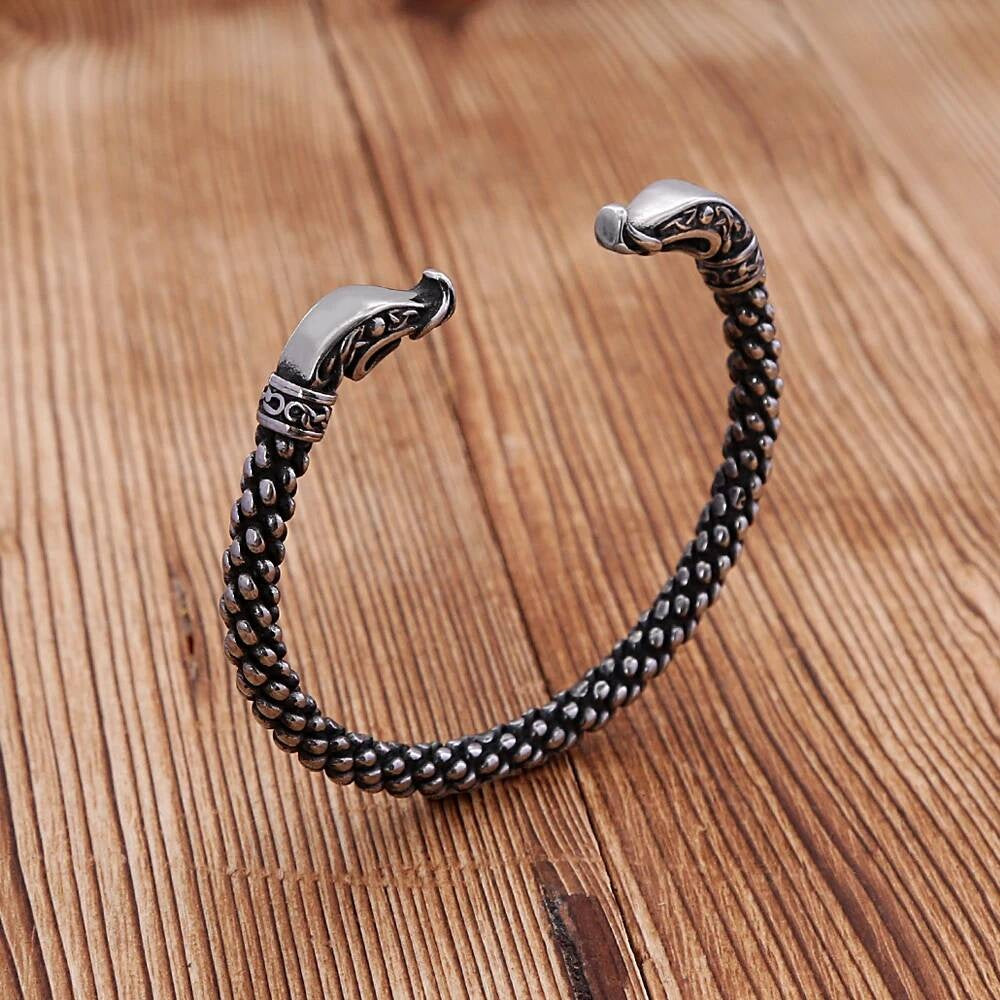 Viking Dragon Head Stainless Steel Bracelet – Norse Dragon Scale Cuff