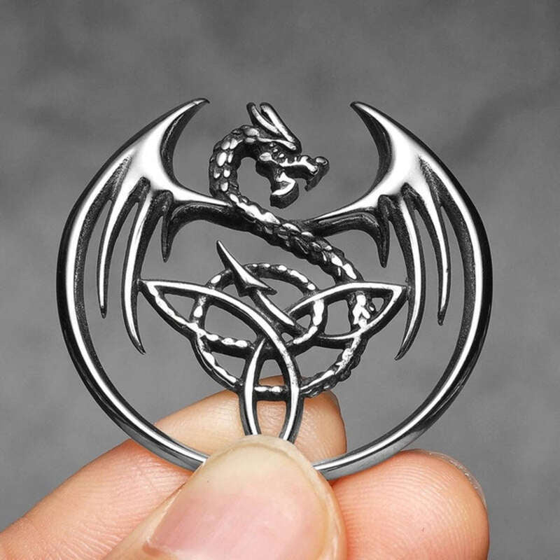 Dragon Trinity Knot Pendant – Celtic Viking Necklace in Stainless Steel