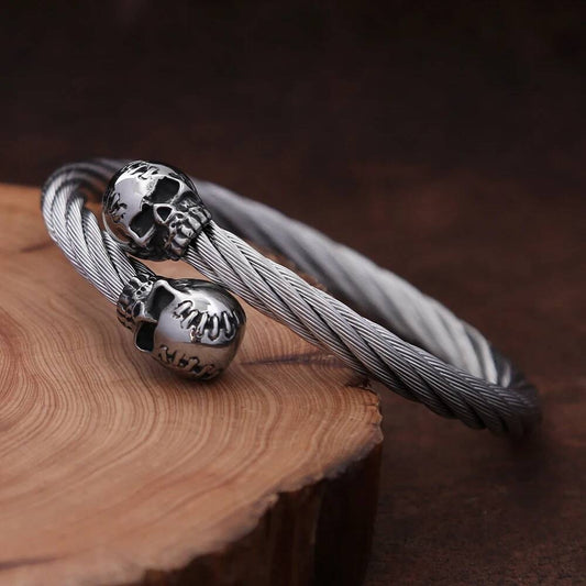 Twisted Cable Skull Cuff Bracelet for Men Gothic Punk Rock Biker Jewelry 316L Stainless Steel Open Bangle
