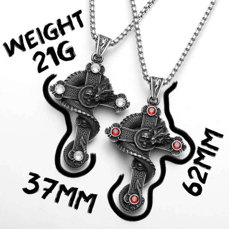 316L Stainless Steel Serpent Sword Cross Pendant Necklace with Gemstones