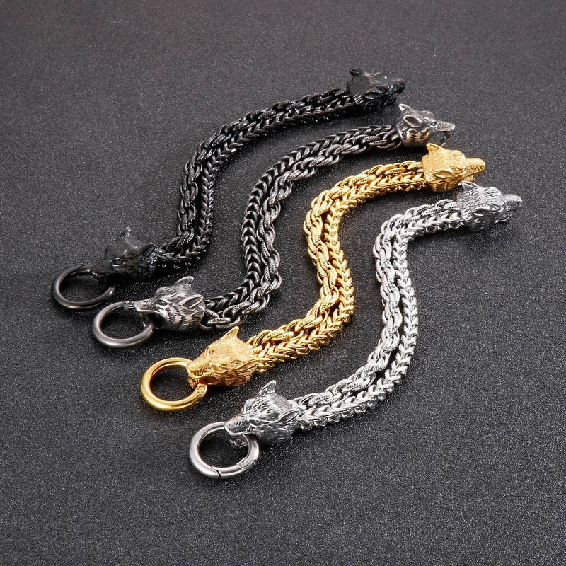 Multi-Color Wolf Bracelet Men Stainless Steel 316L Animal Head Bone Double Layer Chain Jewelry