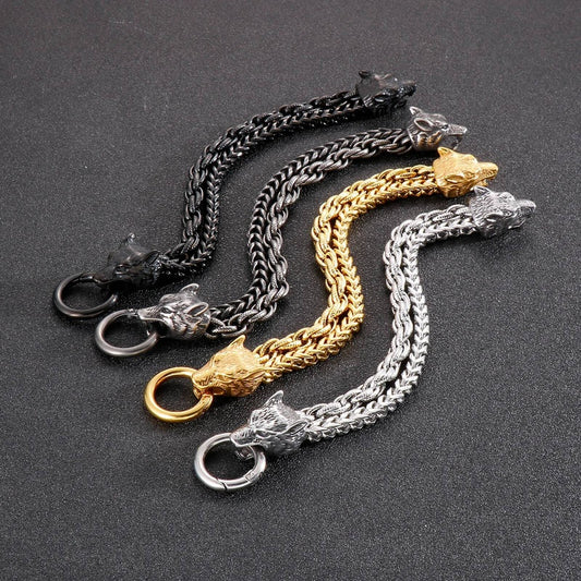 Multi-Color Wolf Bracelet Men Stainless Steel 316L Animal Head Bone Double Layer Chain Jewelry