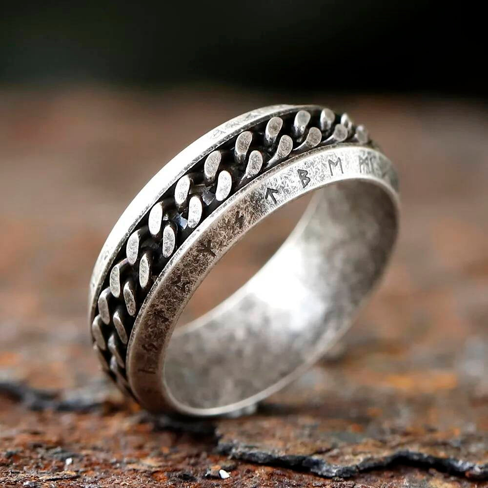 Rotating Rune Chain Ring – 8 mm Titanium Steel Viking Fidget Spinner Band Retro