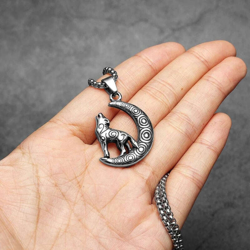 Howling Wolf and Moon Pendant Necklace, Tribal-Inspired Silver Jewelry with Spiraled Design