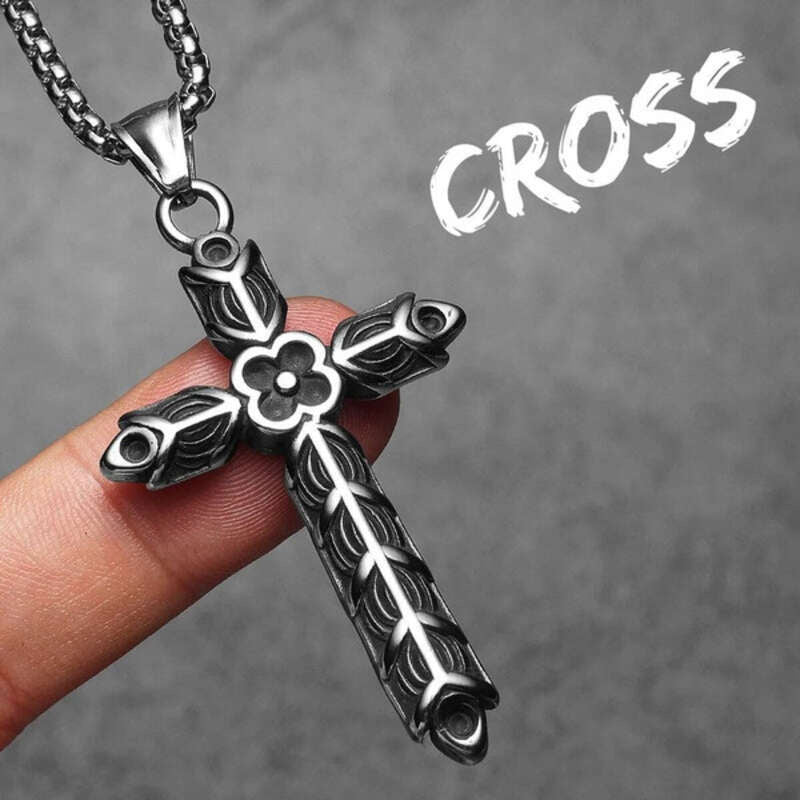316L Stainless Steel Flower Cross Pendant Necklace for Men N1377-With Chain