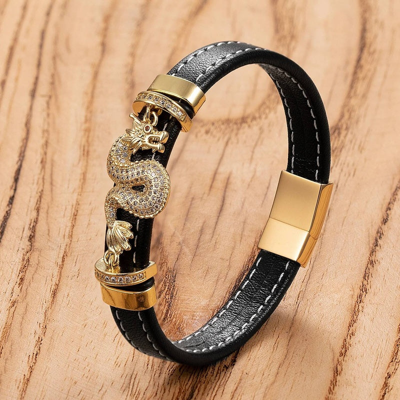 Stainless Steel Chinese dragon Shape Leather Bracelets Men Jewelry National Style Charm Homme Male Jewels Gift Gold