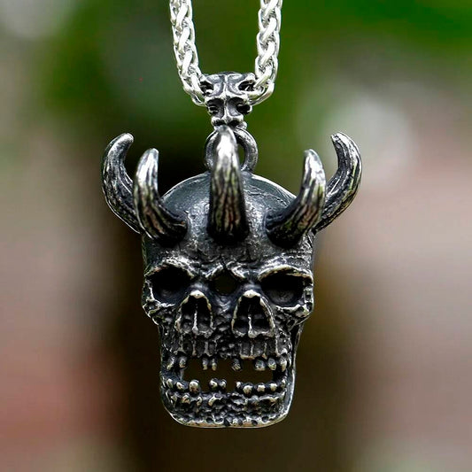 Demon Skull Pendant – Horned Gothic Stainless Steel Necklace