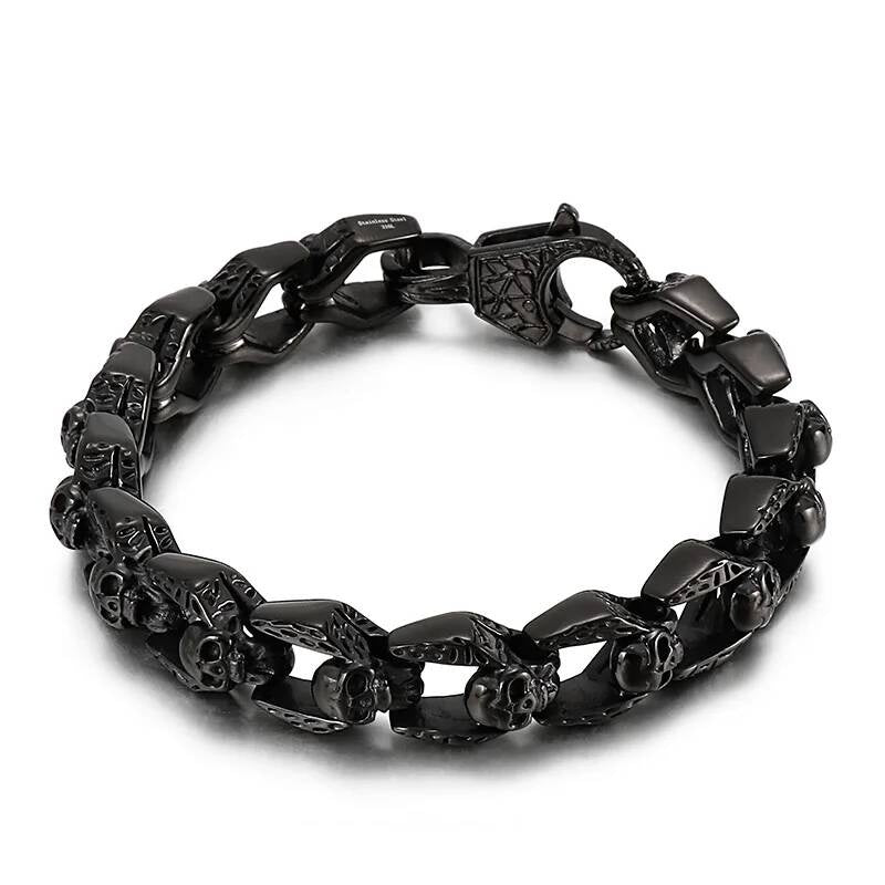 316L Stainless Steel Evil Skull Chain Bracelet Men Demon Ghost Punk Wristband Jewelry Black Color 21.5cm