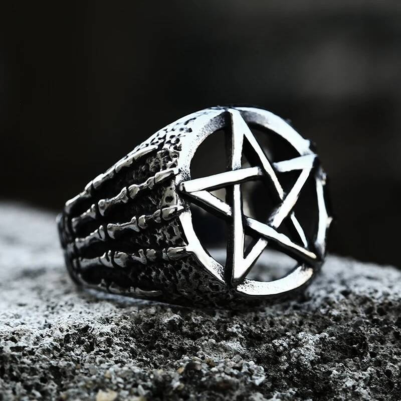 316L Stainless Steel Pentagram Ring Gothic Skull Biker Jewelry