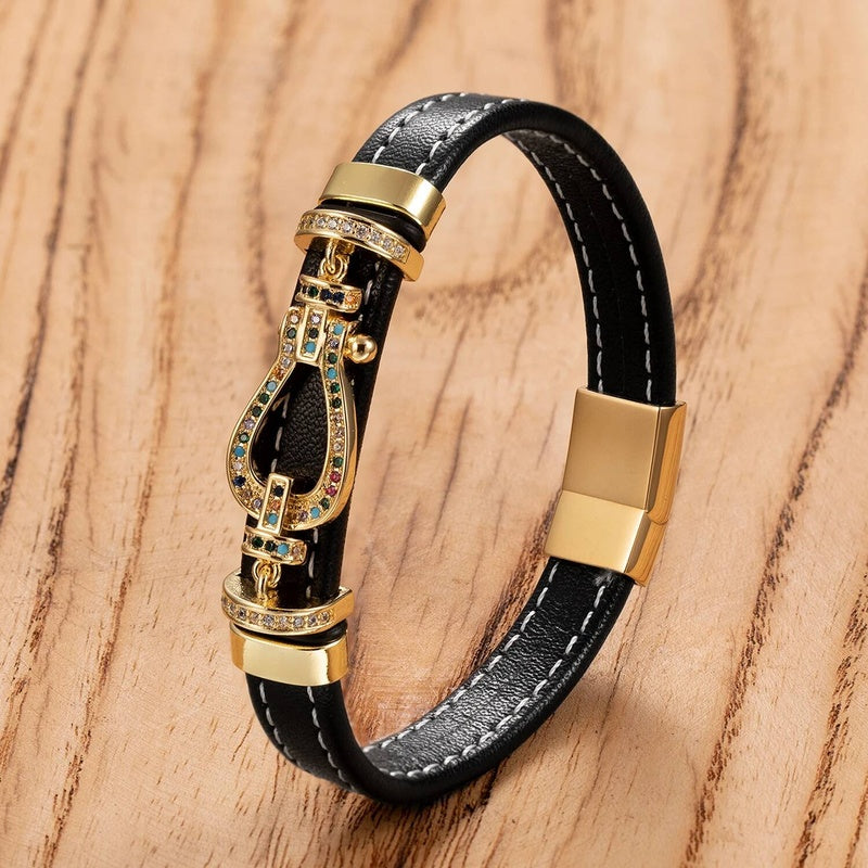 Vintage Woven Rope Wrap Stainless Steel Magnetic Buckle Genuine Leather Bracelets Jewelry Male Wrist Bangle Gold-A