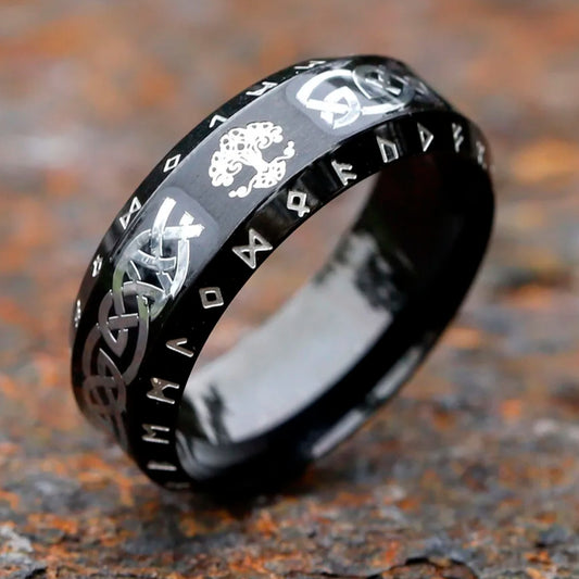 Rune-Enscribed Tree of Life Ring – 316L Stainless Steel Viking Amulet