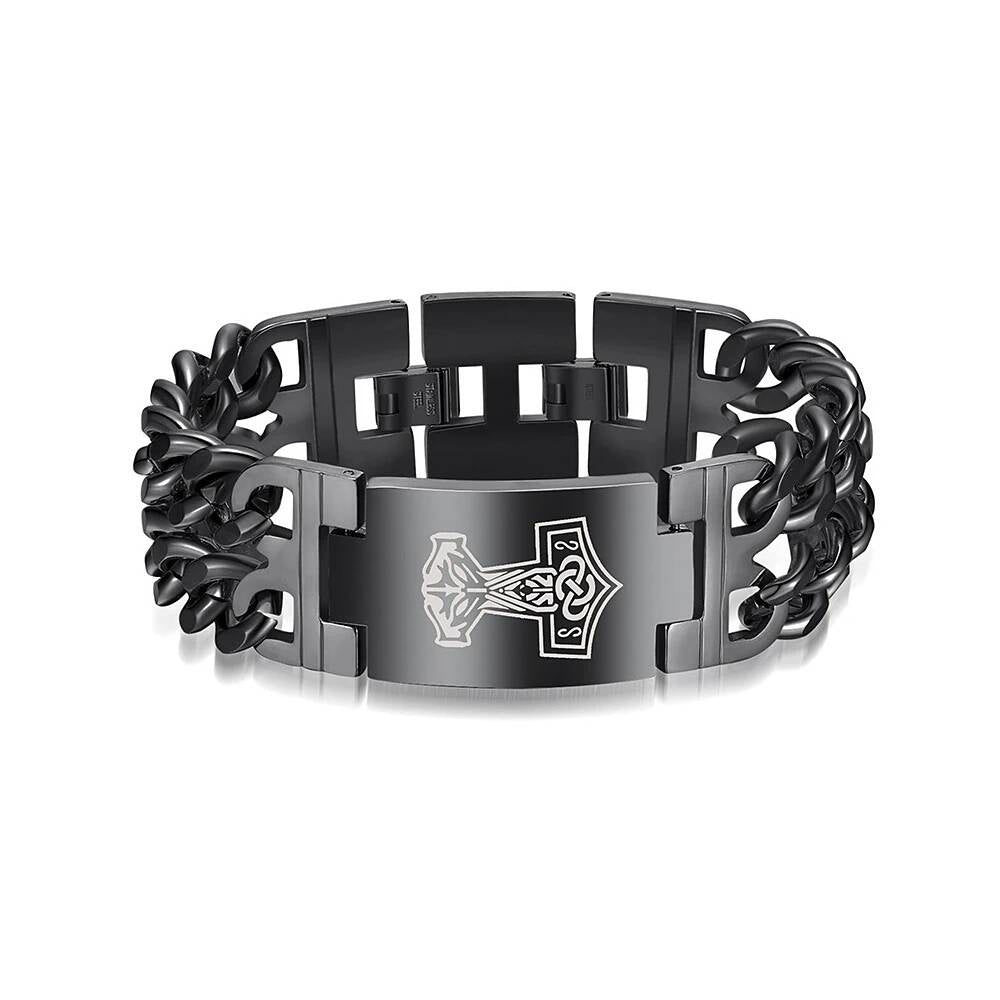 Black Stainless Steel Wolf Head Bracelet – Viking Chain Style M