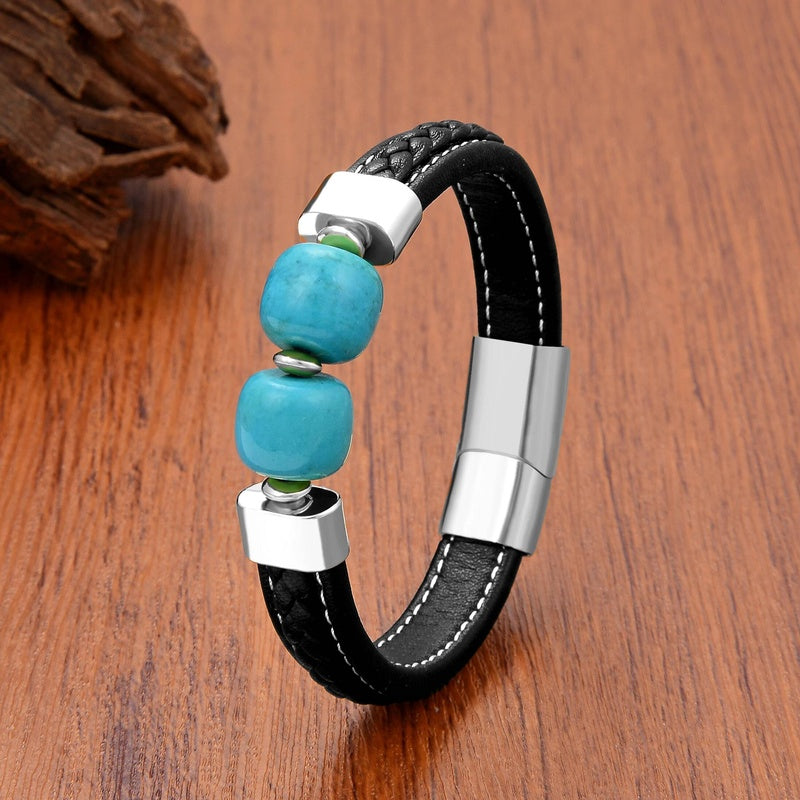 Black Braided Leather Bracelet with Green Jade Beads - Stylish Multi-Layer Magnetic Clasp Jewelry for Casual Wear and Gifts White