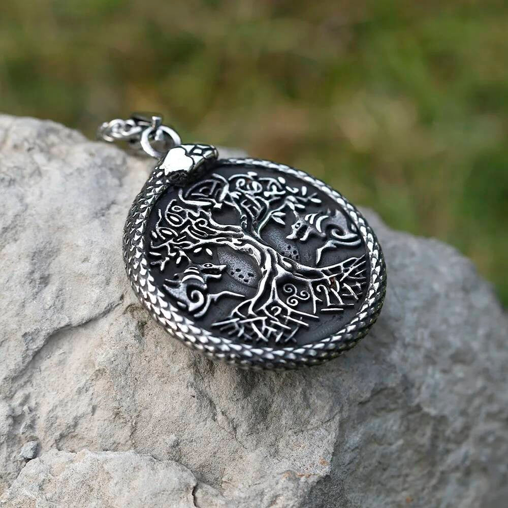 Men's 316L Stainless Steel Runes Snake Necklace Viking Punk Gift