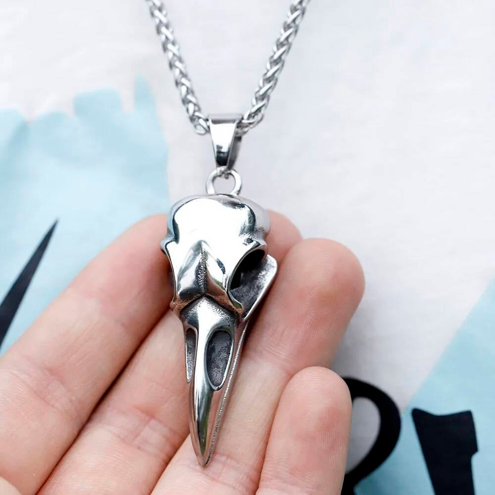 Crow Skull Pendant Necklace, Silver Gothic Jewelry with Intricate Bird Design