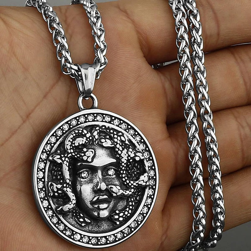 Medusa Pendant with Red Rhinestones – Greek Mythology Medallion Necklace