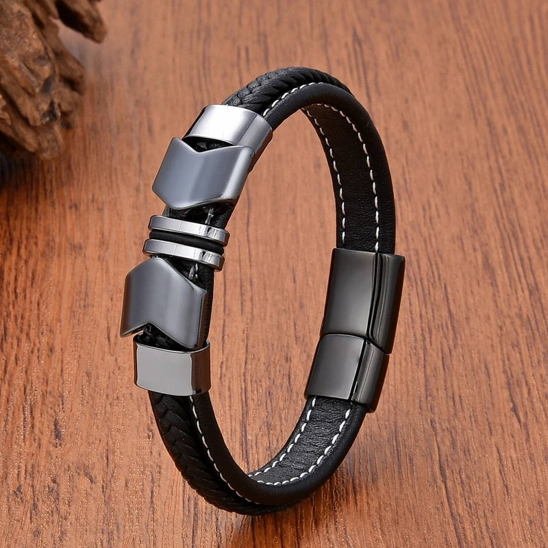 Trendy Leather Men Stainless Steel Bracelet Black Braided Rope Bracelets Punk Style Personality Stoner Jewelry Gifts Hematite-C
