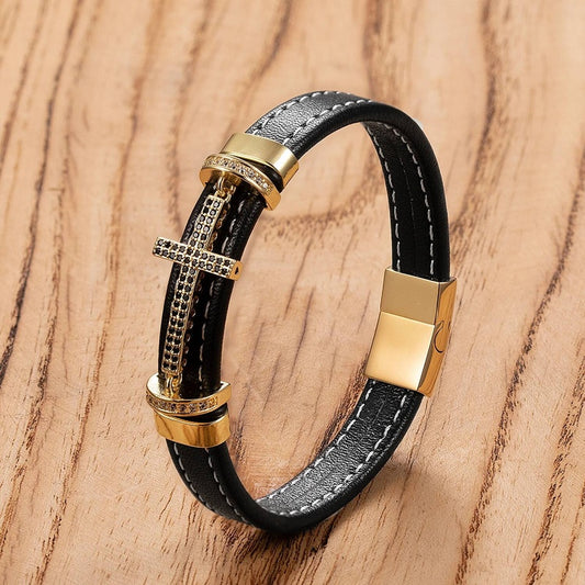 Black Leather Cross with Diamond Bracelet for Faith Gifts Gold-A