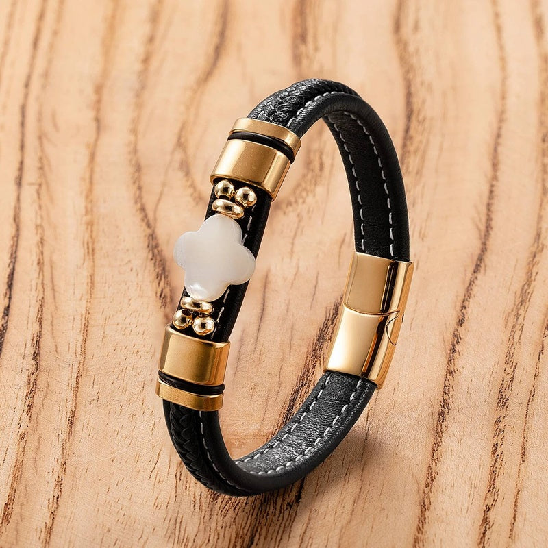 Black Braided Leather Bracelet with Green Jade Beads - Stylish Multi-Layer Magnetic Clasp Jewelry for Casual Wear and Gifts Style-D