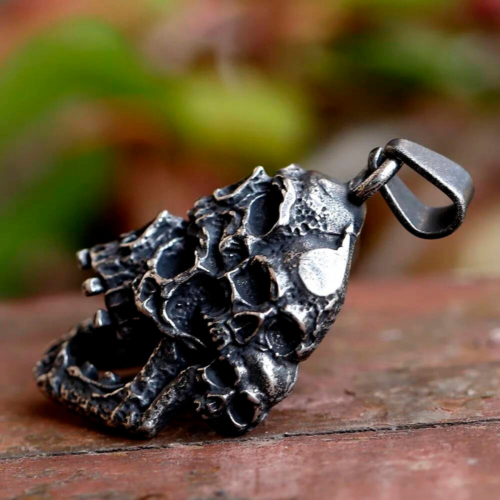 Stacked Skull Pendant Necklace, Silver Gothic Jewelry with Dark Symbolism