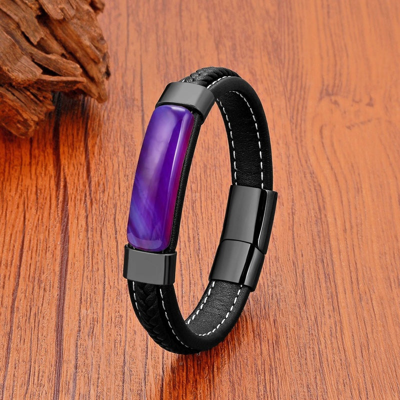 Black Braided Leather Bracelet with Green Jade Beads - Stylish Multi-Layer Magnetic Clasp Jewelry for Casual Wear and Gifts Purple