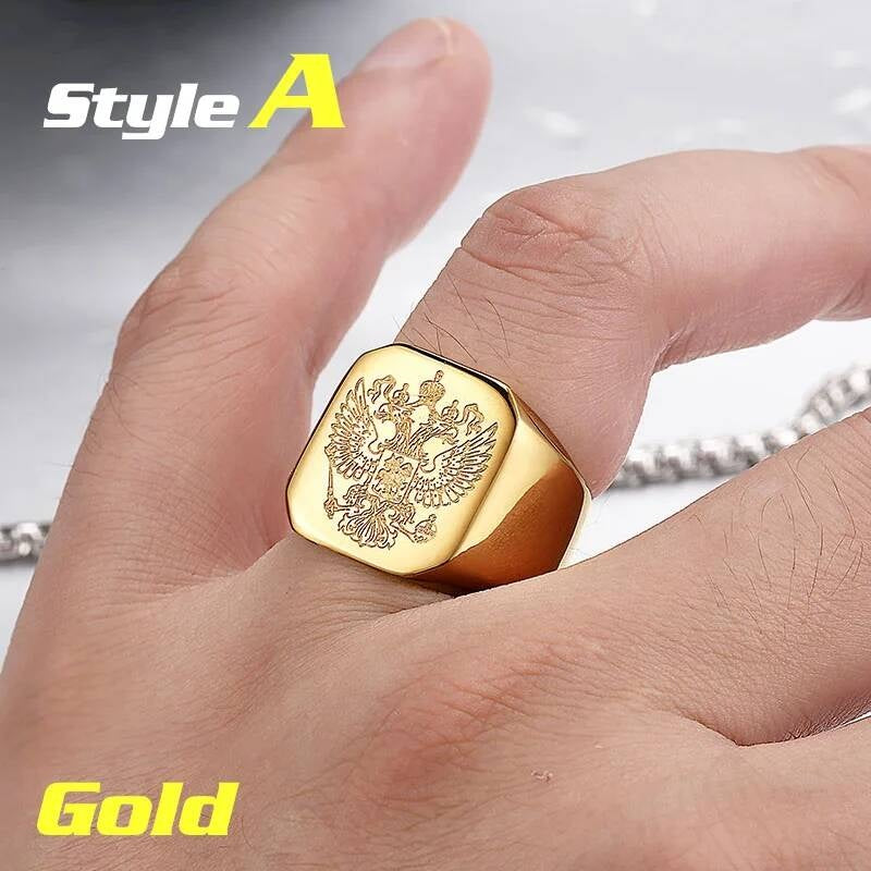 Russian Coat of Arms Signet Ring – Polished 316L Stainless Steel Biker Band A style gold