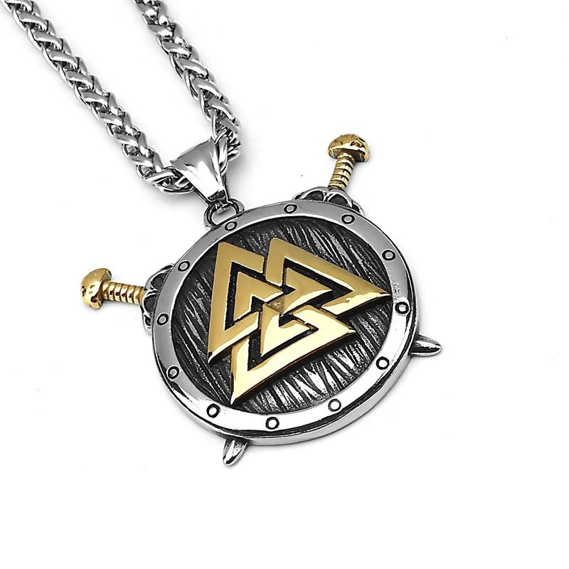 Viking Shield Pendant Necklace – Valknut, Swords, Stainless Steel Viking Jewelry
