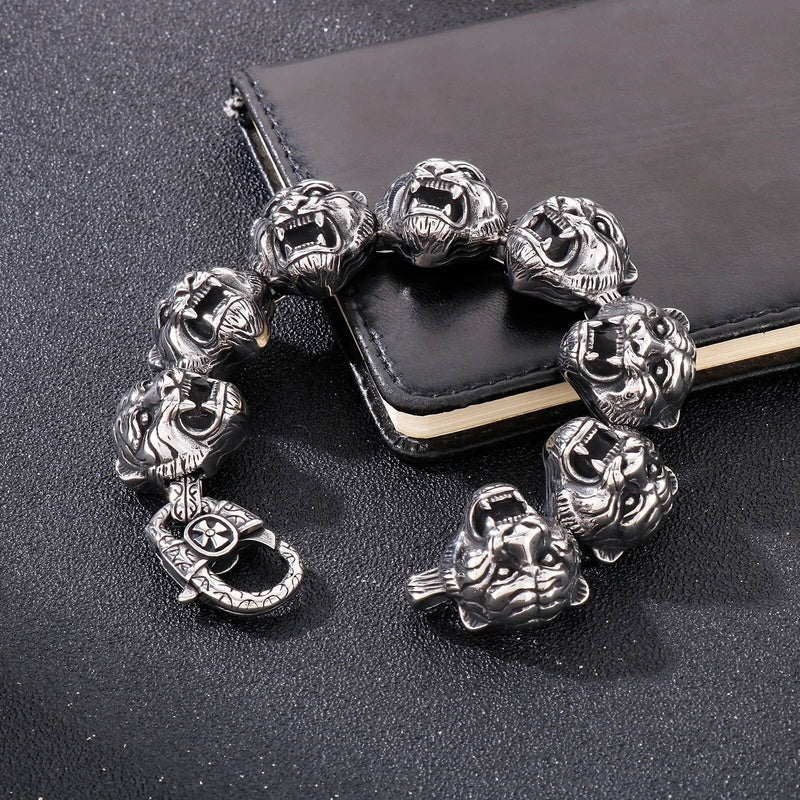 Tiger Charm Bracelet Men Stainless Steel 316L Animal Bone Bangle