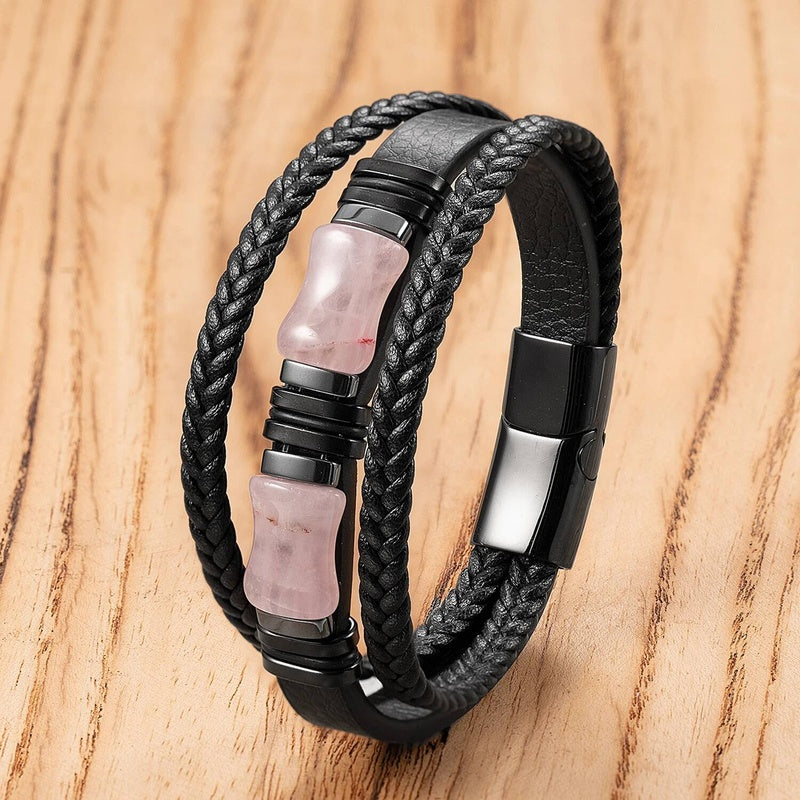 Black Braided Leather Bracelet with Green Jade Beads - Stylish Multi-Layer Magnetic Clasp Jewelry for Casual Wear and Gifts Style-E