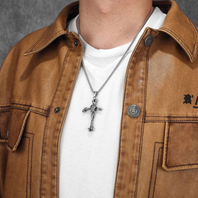 Skeletal Cross Pendant Necklace, Bold Gothic Religious Jewelry with Bone-Inspired Design
