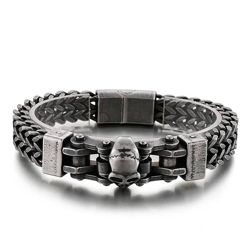 12mm Mens Biker Skull Bracelet With Mesh Chain Stainless Steel Trendy Punk Jewelry Vintage Silver 22cm
