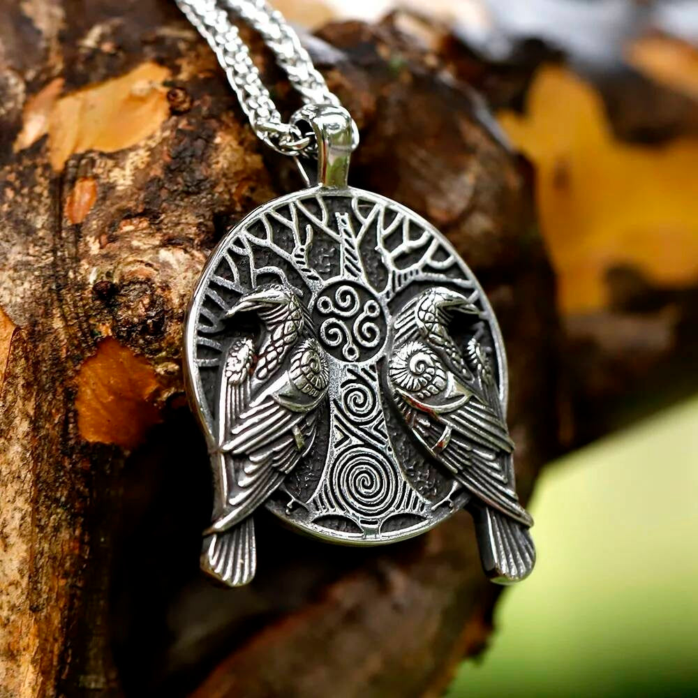 Tree of Life and Ravens Pendant Necklace, Silver Celtic Jewelry with Nature and Mythological Symbolism