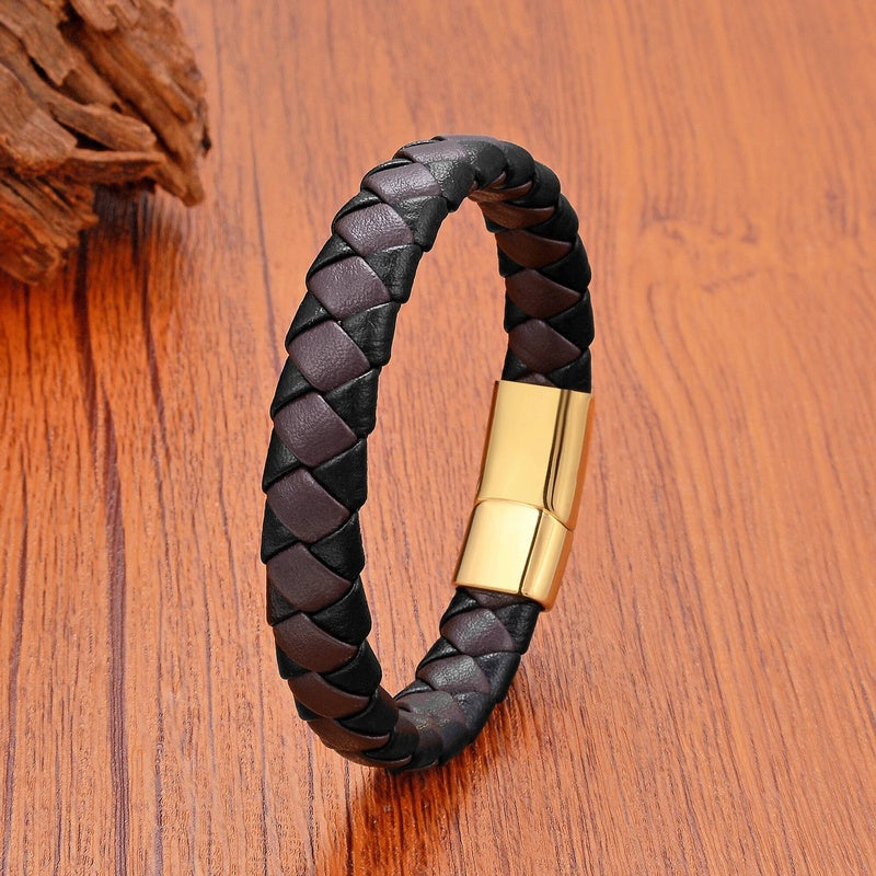 Men's Brown Leather Bracelet for Classic Gifts Gold Buckle-A