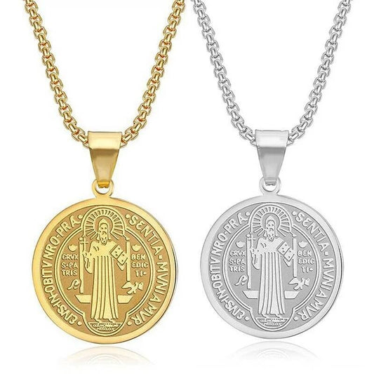 316L Stainless Steel San Benito Medal Pendant Chain Necklace Father Saint Benedict Religious Jewelry Accessories