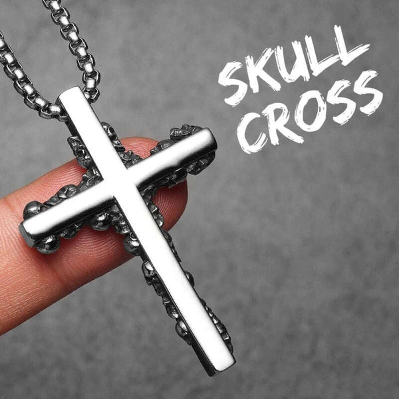 316L Stainless Steel Polished Cross Pendant with Skull Edge Design N1359-With Chain