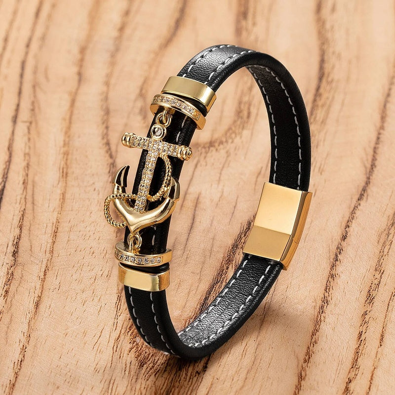 Fashion Punk Stainless Steel Anchor Bracelets Genuine Leather Bangles for Men Bracelet Rock Hip Hop Jewelry Gold-C