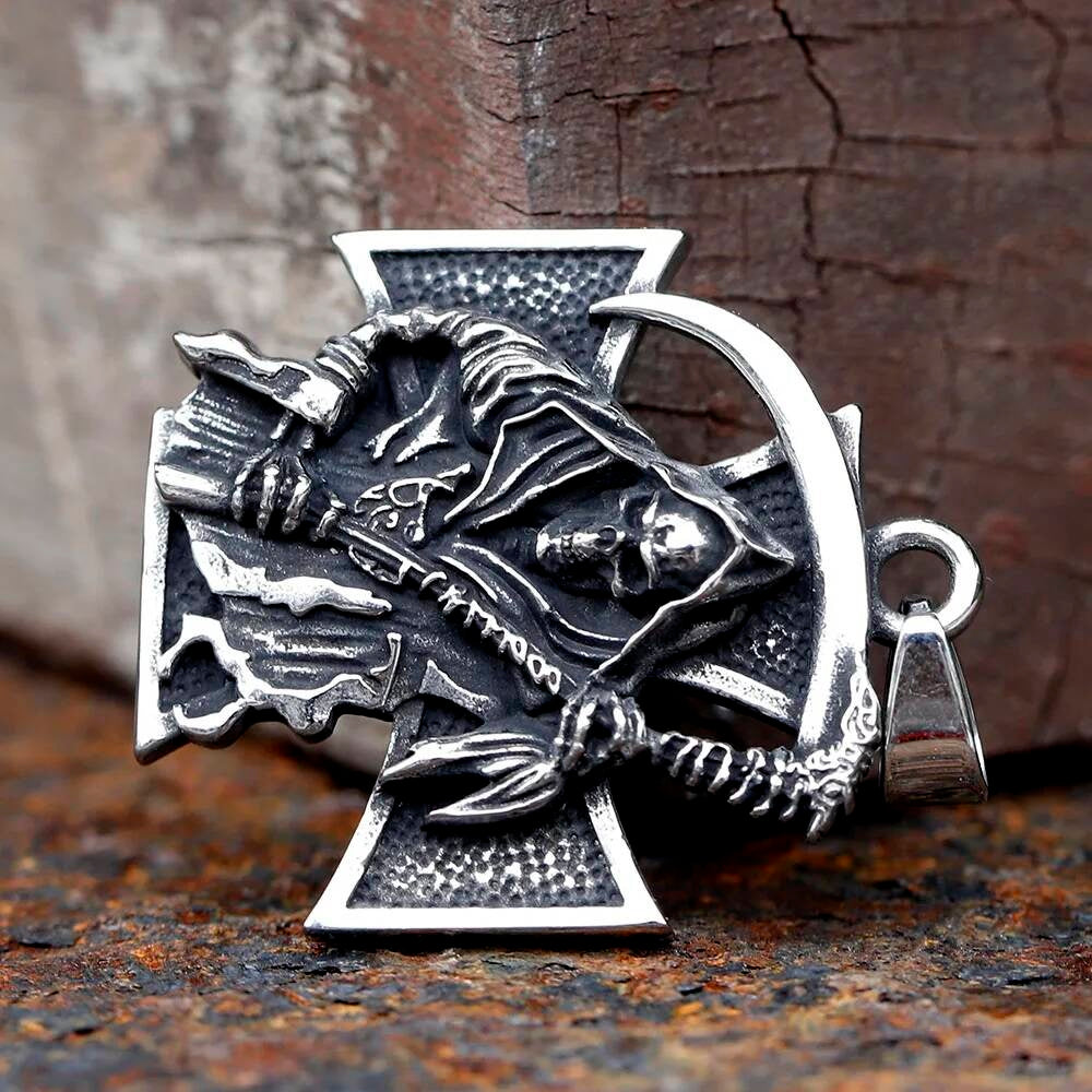 Grim Reaper Pendant Necklace – Stainless Steel Gothic Cross Jewelry