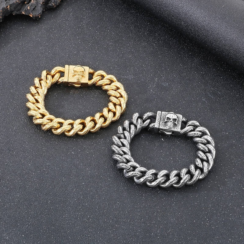 15mm Vintage Cuban Chain Bracelet With Skull Charm Clasp